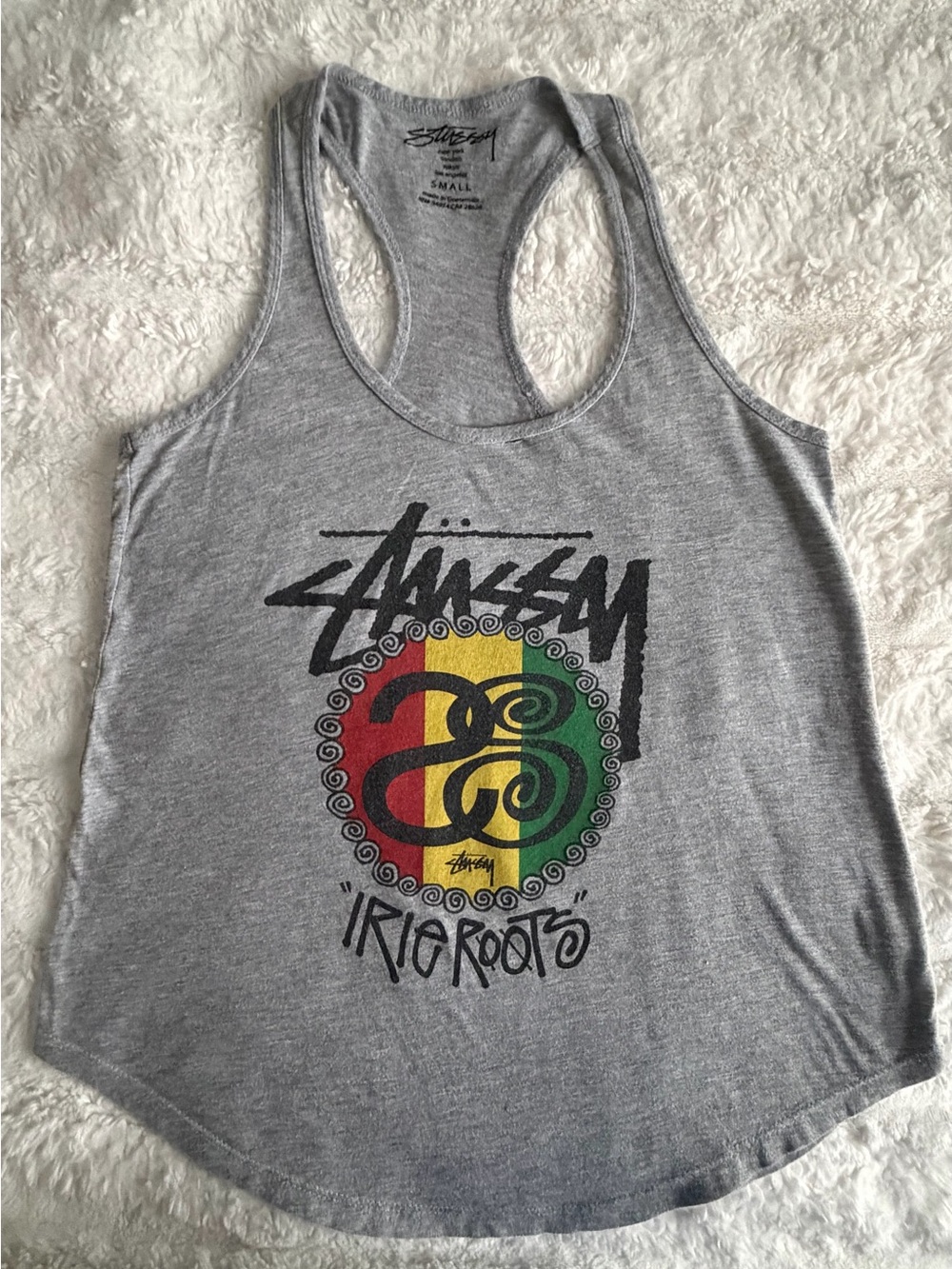 Stussy Gray Racerback Tank with Red Yellow Green Rasta Emblem